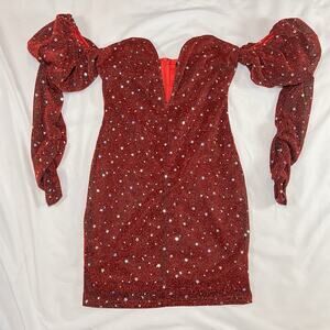 Double Crazy Red Glitter Star Moon Mini Dress Size S Puff Sleeve Celestial Party